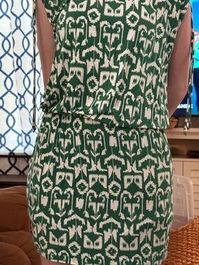 Green and White Ikat Print Sleeveless Dress